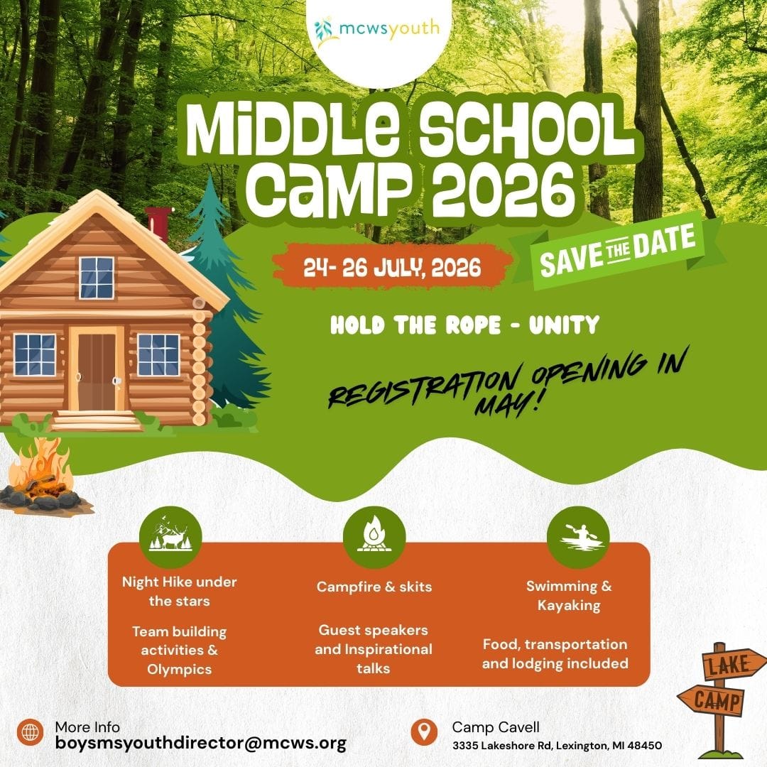 MCWS Youth Middle School Camp 2026 flyer — July 24–26, 2026 at Camp Cavell, Lexington MI. Activities include night hikes, campfire & skits, swimming & kayaking, team building and Olympics. Food, transportation and lodging included.